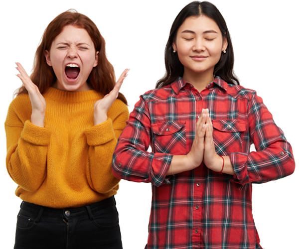 Two women standing next to each other with their hands in prayer.