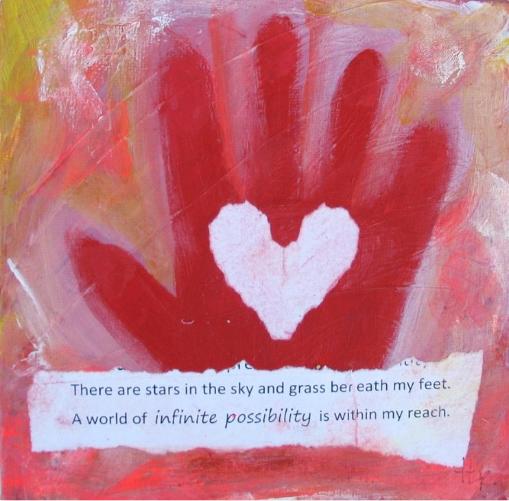 A red hand with a heart on it and some words